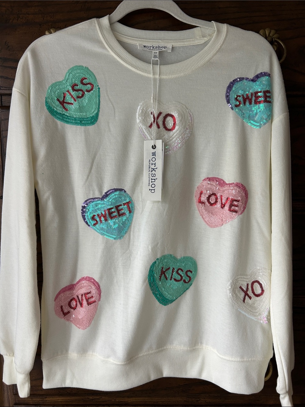 Workshop Republic NWT Cream Sequin Heart Pullover, Pink & Teal Accents, S